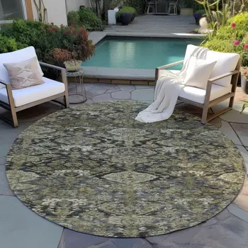 8' Charcoal And Beige Round Damask Washable Indoor Outdoor Area Rug
