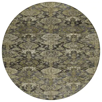 8' Charcoal And Beige Round Damask Washable Indoor Outdoor Area Rug