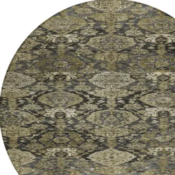 8' Charcoal And Beige Round Damask Washable Indoor Outdoor Area Rug