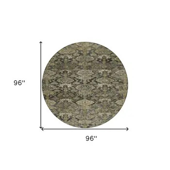 8' Charcoal And Beige Round Damask Washable Indoor Outdoor Area Rug
