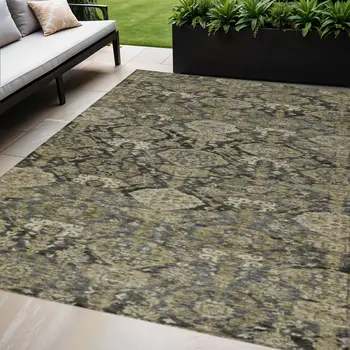 8' X 10' Charcoal And Beige Damask Washable Indoor Outdoor Area Rug