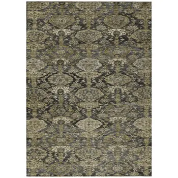 10' X 14' Charcoal And Beige Damask Washable Indoor Outdoor Area Rug