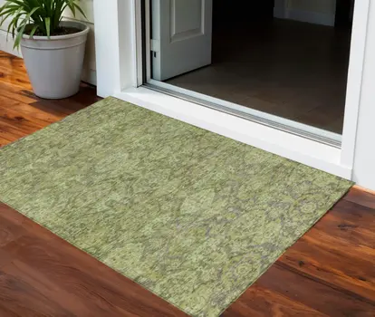 3' X 5' Green And Gray Damask Washable Indoor Outdoor Area Rug