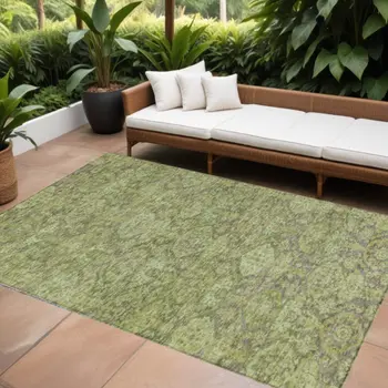5' X 8' Green And Gray Damask Washable Indoor Outdoor Area Rug