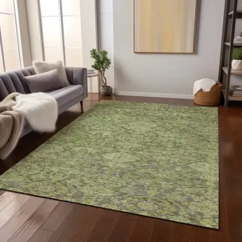 5' X 8' Green And Gray Damask Washable Indoor Outdoor Area Rug