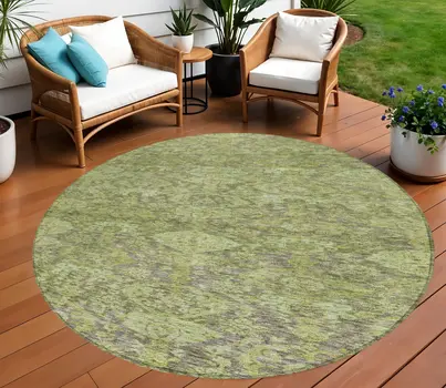 8' Green And Gray Round Damask Washable Indoor Outdoor Area Rug