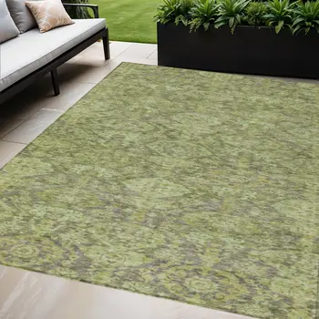 9' X 12' Green And Gray Damask Washable Indoor Outdoor Area Rug