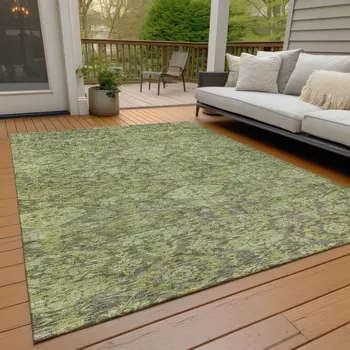 9' X 12' Green And Gray Damask Washable Indoor Outdoor Area Rug