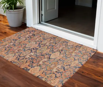 3' X 5' Terra Cotta And Charcoal Damask Washable Indoor Outdoor Area Rug