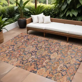 5' X 8' Terra Cotta And Charcoal Damask Washable Indoor Outdoor Area Rug