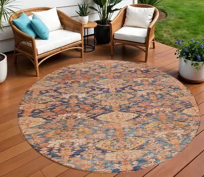 8' Terra Cotta And Charcoal Round Damask Washable Indoor Outdoor Area Rug