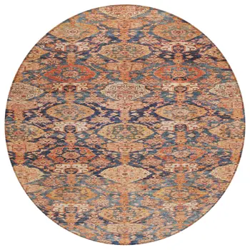 8' Terra Cotta And Charcoal Round Damask Washable Indoor Outdoor Area Rug