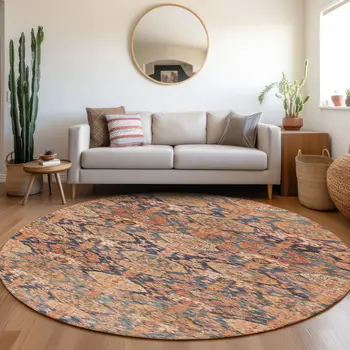 8' Terra Cotta And Charcoal Round Damask Washable Indoor Outdoor Area Rug