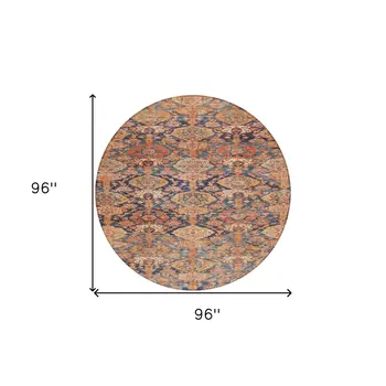 8' Terra Cotta And Charcoal Round Damask Washable Indoor Outdoor Area Rug