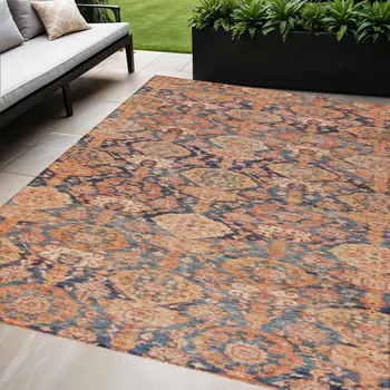 8' X 10' Terra Cotta And Charcoal Damask Washable Indoor Outdoor Area Rug