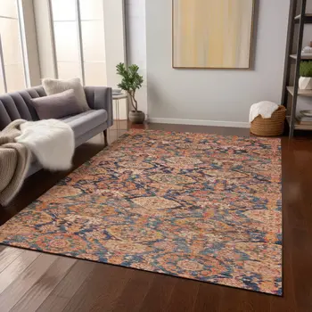 8' X 10' Terra Cotta And Charcoal Damask Washable Indoor Outdoor Area Rug