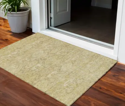 3' X 5' Wheat And Beige Damask Washable Indoor Outdoor Area Rug