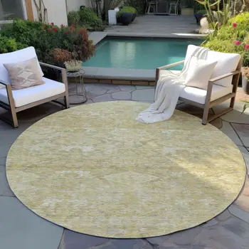 8' Wheat And Beige Round Damask Washable Indoor Outdoor Area Rug