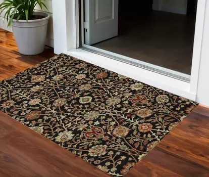 3' X 5' Black Brown And Red Floral Washable Indoor Outdoor Area Rug