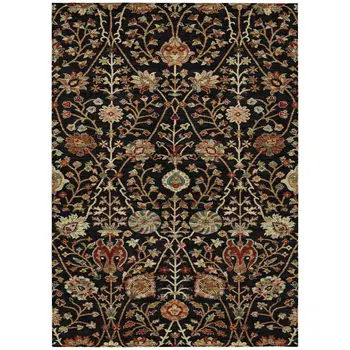 5' X 8' Black Brown And Red Floral Washable Indoor Outdoor Area Rug