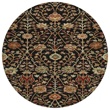8' Black Brown And Red Round Floral Washable Indoor Outdoor Area Rug
