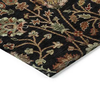 8' Black Brown And Red Round Floral Washable Indoor Outdoor Area Rug