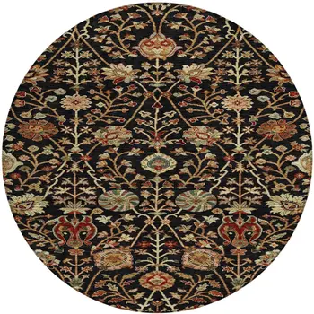 8' Black Brown And Red Round Floral Washable Indoor Outdoor Area Rug