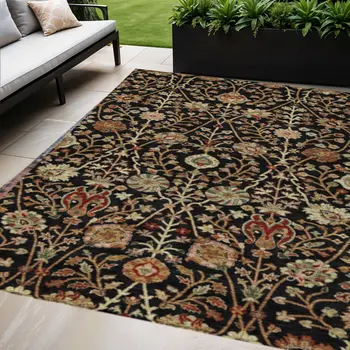 9' X 12' Black Brown And Red Floral Washable Indoor Outdoor Area Rug