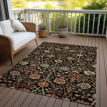 10' X 14' Black Brown And Red Floral Washable Indoor Outdoor Area Rug