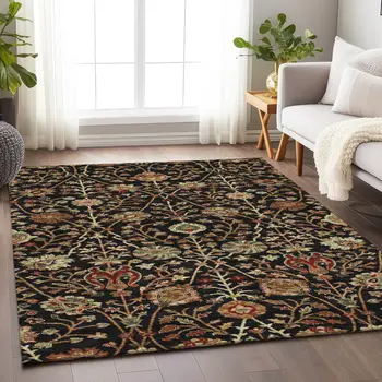 10' X 14' Black Brown And Red Floral Washable Indoor Outdoor Area Rug