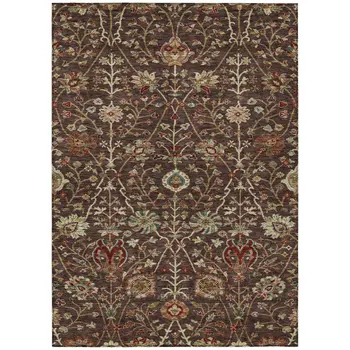 3' X 5' Chocolate Tan And Green Floral Washable Indoor Outdoor Area Rug