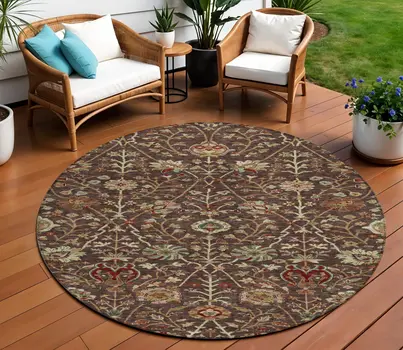 8' Chocolate Tan And Green Round Floral Washable Indoor Outdoor Area Rug