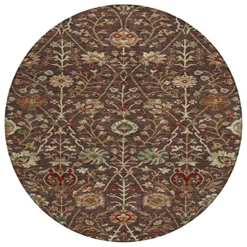 8' Chocolate Tan And Green Round Floral Washable Indoor Outdoor Area Rug