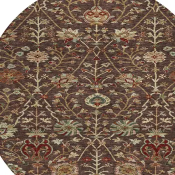 8' Chocolate Tan And Green Round Floral Washable Indoor Outdoor Area Rug