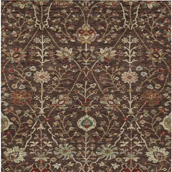 8' X 10' Chocolate Tan And Green Floral Washable Indoor Outdoor Area Rug