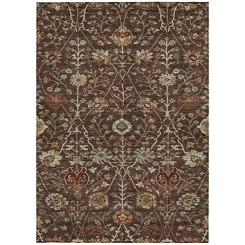 9' X 12' Chocolate Tan And Green Floral Washable Indoor Outdoor Area Rug