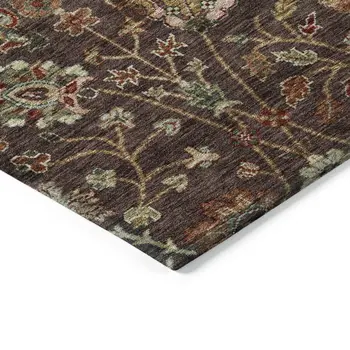 9' X 12' Chocolate Tan And Green Floral Washable Indoor Outdoor Area Rug