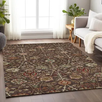 10' X 14' Chocolate Tan And Green Floral Washable Indoor Outdoor Area Rug