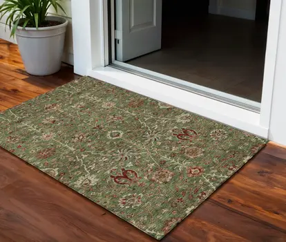 3' X 5' Fern Green Brown And Red Floral Washable Indoor Outdoor Area Rug