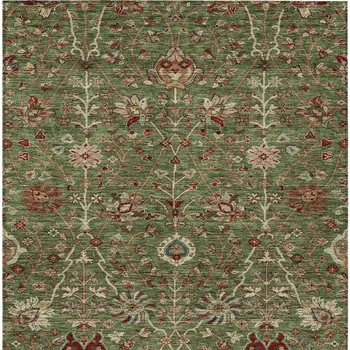 5' X 8' Fern Green Brown And Red Floral Washable Indoor Outdoor Area Rug