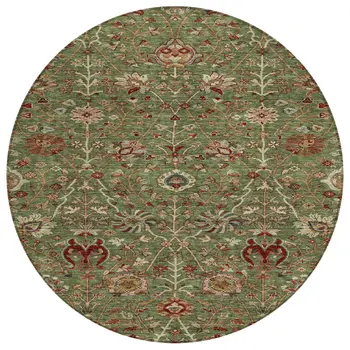 8' Fern Green Brown And Red Round Floral Washable Indoor Outdoor Area Rug