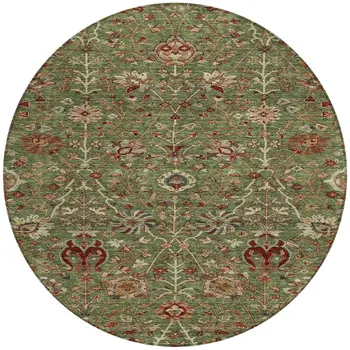 8' Fern Green Brown And Red Round Floral Washable Indoor Outdoor Area Rug