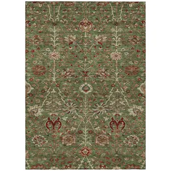 8' X 10' Fern Green Brown And Red Floral Washable Indoor Outdoor Area Rug