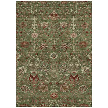 9' X 12' Fern Green Brown And Red Floral Washable Indoor Outdoor Area Rug