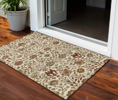 3' X 5' Ivory Brown And Red Floral Washable Indoor Outdoor Area Rug