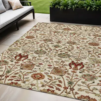 5' X 8' Ivory Brown And Red Floral Washable Indoor Outdoor Area Rug