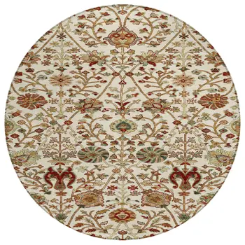 8' Ivory Brown And Red Round Floral Washable Indoor Outdoor Area Rug