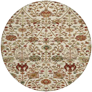 8' Ivory Brown And Red Round Floral Washable Indoor Outdoor Area Rug