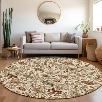 8' Ivory Brown And Red Round Floral Washable Indoor Outdoor Area Rug