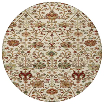 8' Ivory Brown And Red Round Floral Washable Indoor Outdoor Area Rug